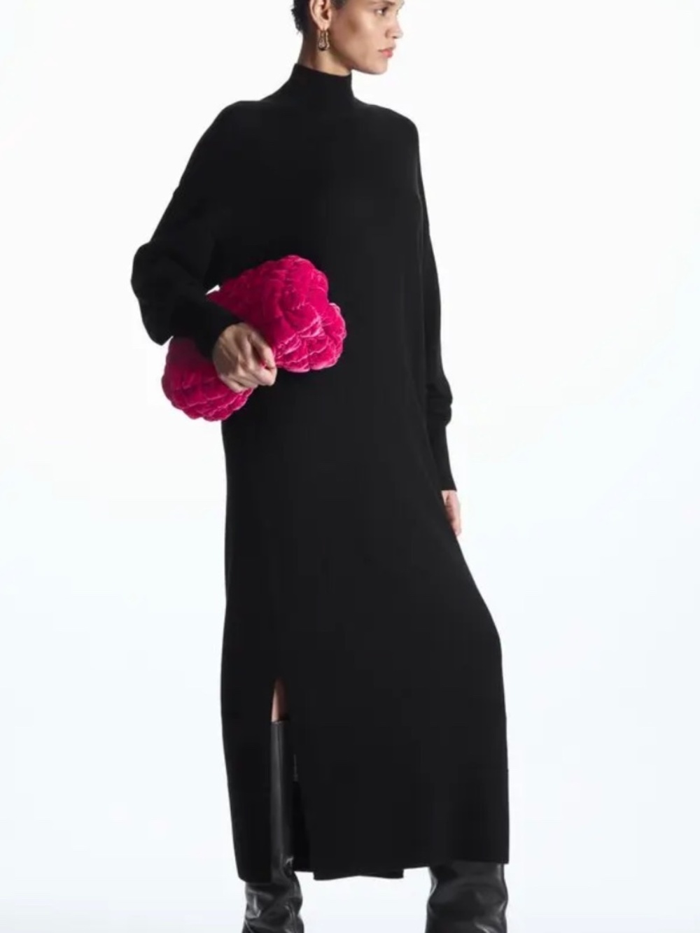 NWT COS LIGHTWEIGHT MERINO WOOL TURTLENECK DRESS BLACK SIZE L .